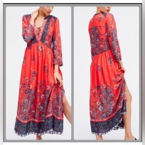 Free People If Only You Knew Boho Red Floral‎ Long Sleeve Maxi Dress Size Small